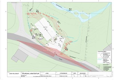 Situasjonsplan som viser tomtens topografi, vanndrag, eksisterende og nye bygninger samt ferdiggranser.