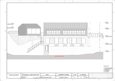 Nordøst fasade tegning med oppriss av bygningens høyder, etasjer og terrengforhold.