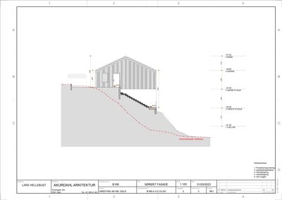 Sørøst fasade tegning med oppriss av bygning, trapper og terrengforhold.