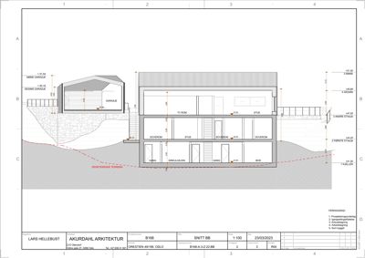 Snittegning (SNITT B-B) som viser bygningens tverrsnitt, romfordeling og høyder.
