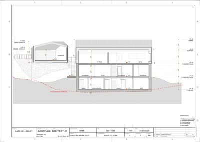 Snittegning (SNITT BB) som viser bygningens tverrsnitt, romfordeling, høyder og forhold til terreng.