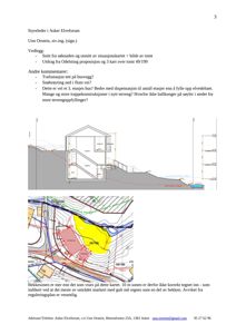 Bildet viser en situasjonsplan (tomtekart) med bygningsplassering, reguleringslinjer, bekkelinjer og høydemålerlinjer. Det er også inkludert et snitt av bygningen og en kommentar om bekkelinjen.