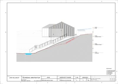 Nordvest fasade tegning som viser bygningens utseende fra nordvest, inkludert terrassering og etasjer.