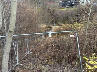 Fotografi av et uteområde med en metallgjerde i forgrunnen, busker og trær, samt hus i bakgrunnen.