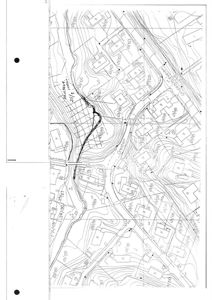Situasjonsplan som viser topografi (høydekurver), vegnett, bebyggelse og gateløp i et område.
