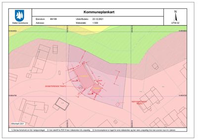 Kommuneplankart som viser eiendomsnummer, adresse, utskriftsdato, målestokk og arealbruksinndeling (fargekodet) for et område i Asker kommune.
