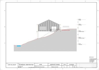 Nordvest fasade tegning med oppriss, høydemål og eksisterende terreng.