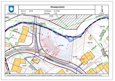 Situasjonskart som viser eiendomsnummer, topografi, veinett og naboeiendommer.