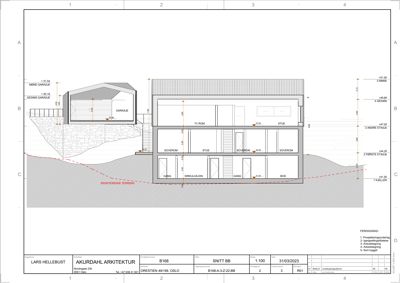 Snittegning (SNITT B-B) som viser bygningens tverrsnitt, etasjer og høyder.