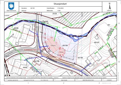 Situasjonskart som viser eiendomsnummer, vegnett, topografi og naboeiendommer.