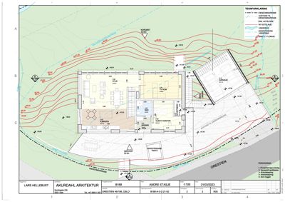 Situasjonsplan som viser bygningens plassering i forhold til eiendomsgrenser, vannføring og høydemålinger.