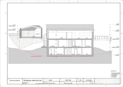 Snittegning (SNITT B-B) som viser bygningens tverrsnitt, romfordeling og høyder.