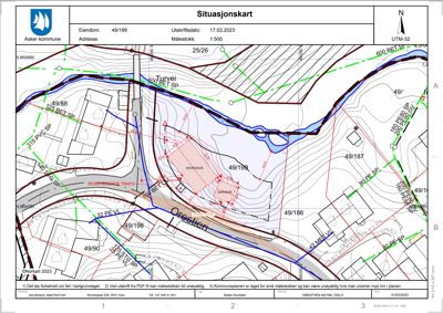 Situasjonskart som viser eiendommen 49/199 med omgivende tomter, vegnett, topografi og kommunale planer.
