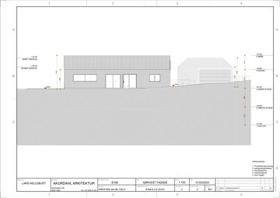 Sørvestfasade tegning med oppriss av bygningens høyder og etasjer.