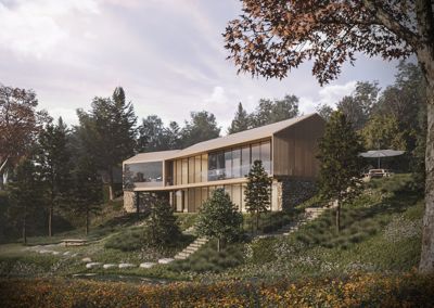 3D-visualisering av en moderne villa sett fra siden, med omgivende natur og terreng.