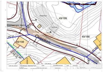 Situasjonsplan (avkjørselsplan) som viser tomtedeling, eksisterende og planlagt infrastruktur, samt bygningers plassering.