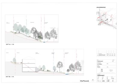 Landskapssnitt som viser terrengform, vegetasjon og bygningens relasjon til omgivelsene.