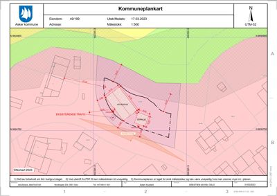 Kommuneplankart som viser eiendomsnummer 49/199 i Asker kommune, med angitte mål, eksisterende og foreslåtte bygninger, samt topografi.