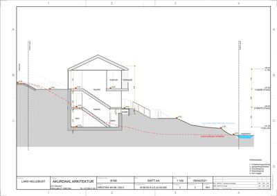 Snittegning (SNITT AA) som viser bygningens tverrsnitt, høyder og nivåer.