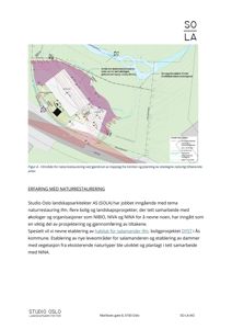 Situasjonsplan som viser et område for naturrestaurering, inkludert topplag, planlagt vegetasjon og vannkropp.