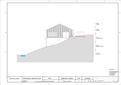 Nordvest fasade tegning med oppriss av bygningen sett fra siden, inkludert høydeangivelser og terrengforhold.