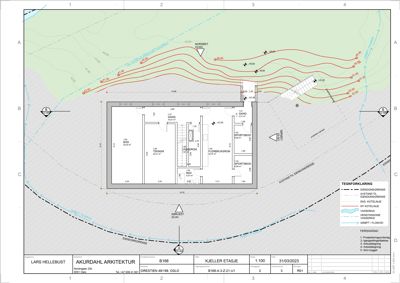 Situasjonsplan som viser bygningens plassering i forhold til eiendomsgrenser, høydemålinger (konturlinjer) og vanndrag.
