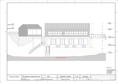Nordøstfasade tegning med oppriss av bygningens høyder, etasjer og terrengforhold.