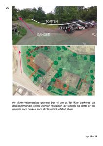Bildet viser en situasjonsplan (tomteplan) med overlagte foto som illustrerer tomten, fellesparkering og gangsti.