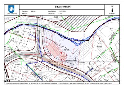 Situasjonskart (tomtekart) som viser eiendommen 49/199 med omgivende grunneiergrenser, infrastruktur og topografi.