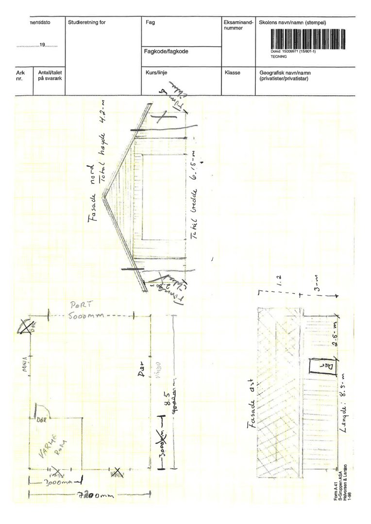 En håndtegnet tegning som viser fasaden sett fra nord (Fasade nord) og fra vest (Fasade vest), med angitte mål for høyde, bredde og dører.