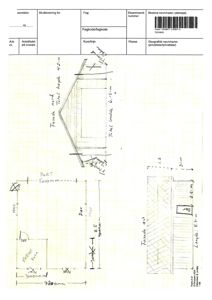 En håndtegnet tegning som viser fasaden sett fra nord (Fasade nord) og fra vest (Fasade vest), med angitte mål for høyde, bredde og dører.