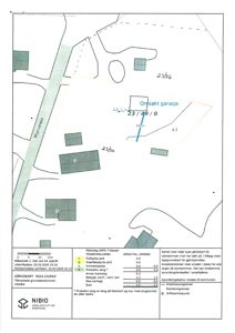 Gårdsplan (gardskart) som viser eiendomsgranser, arealdata, markslag og eiendomsnummer.