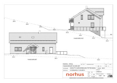 Fasadetegning som viser bygningens utseende fra nord-øst og nord-vest, inkludert høydekurver og terrassering.