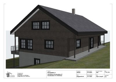 3D-visualisering (perspektivtegning) av et vinklet utsnitt av en planlagt bygning med fasade, tak og grunnplan.