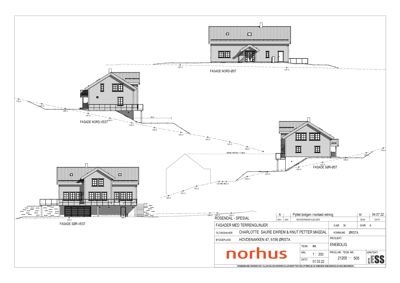 Fasadetegning som viser bygningens utseende fra fire ulike vinkler (Nord-Øst, Nord-Vest, Sør-Øst, Sør-Vest) med terrengforhold.