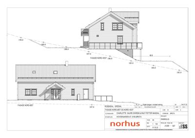 Fasadetegning som viser bygningens utseende sett fra nord-øst og nord-vest, inkludert høydeangivelser og terrassering.
