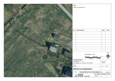 Situasjonsplan som viser tomtens beliggenhet, eksisterende bygninger (hus) og planlagt plassering av en ny utleppsløyve (grønn linje).