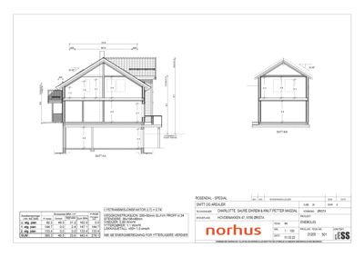 Snittegning (SNITT A-A og SNITT B-B) som viser bygningens tverrsnitt, høyder, etasjer og konstruksjonsdetaljer.