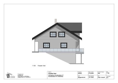 Fasadetegning (opprikk) av bygningen sett fra vest.