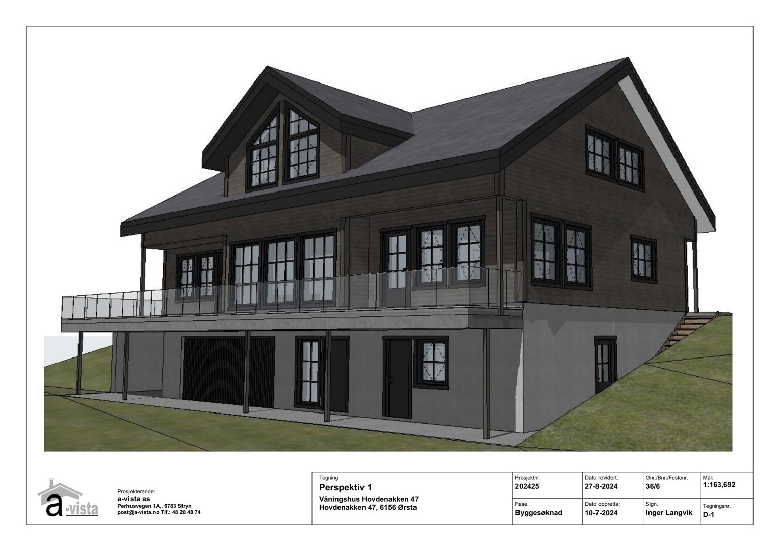 3D-visualisering (perspektivtegning) av en planlagt bygning med fasade, balkong og terrengforhold.