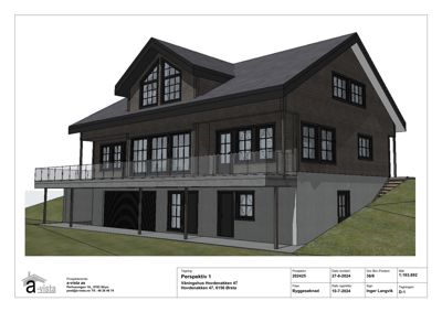 3D-visualisering (perspektivtegning) av en planlagt bygning med fasade, balkong og terrengforhold.