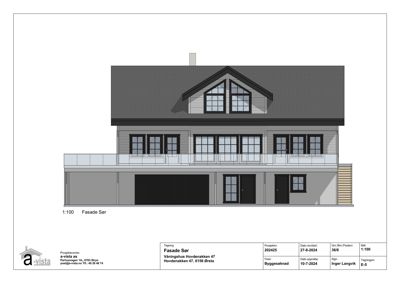 Fasadetegning som viser bygningens utseende sett fra sør (Fasade Sør).