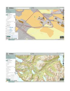 Bildet viser to skjermbilder av et digitalt kartsystem (NIBO Kilden). Øverste del er en ortofoto-kart med bygningsfotografier, mens nederste del er et topografisk kart med høydekurver. Begge viser geografiske data og navigasjonsverktøy.
