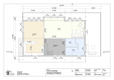 Etasjeplan (hovedetasje) som viser romfordeling, dimensjoner og konstruksjonsdetaljer for en leilighet.