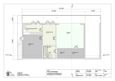 Snittegning (Snitt B) av plan underetasje i et vognhus, som viser romfordeling og konstruksjon.