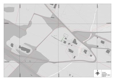 Situasjonsplan som viser tomtens form, bygningers plassering, vegnett og topografi (konturlinjer). Koordinatfeltet bekrefter at det er en karttegning.