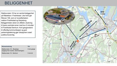 Et kart som viser beliggenheten til Stabbuveien 18 i Fredrikstad, med reisetider til sentrum og Oslo.