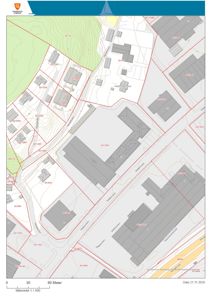Situasjonsplan som viser tomtedeling, bygningers plassering og topografi for et område.