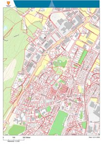 Et oversiktskart over en bydel (Fresvik kommune) med visuell markering av eiendomsgrenser, veier og arealbruk.