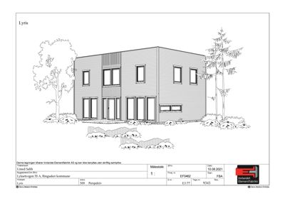 En linjetegning (rendering) som viser fasaden på en toetasjes bolig sett fra en vinkel. Tegningen inkluderer detaljer om vinduer, dører, takform og omgivende beplantning.